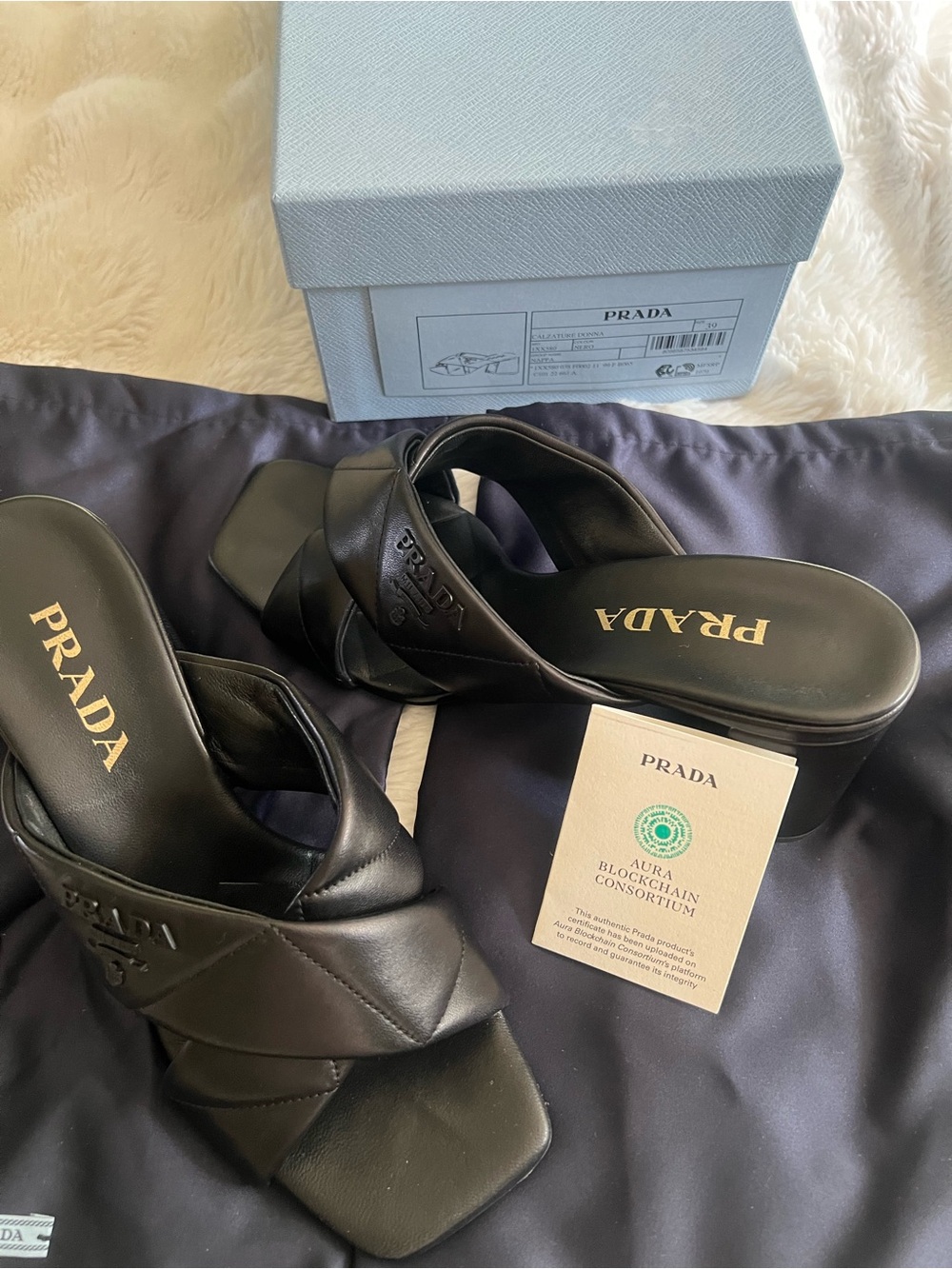 Prada Black Quilted Leather Crisscross Slide Mules